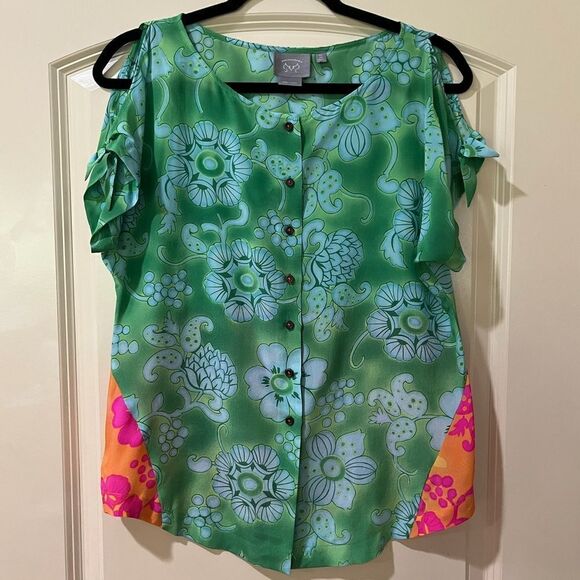 ANTHROPOLOGIE VANESSA VIRGINIA 100% Silk Floral Blouse Green Pink Women’s Size 0 - Picture 1 of 5